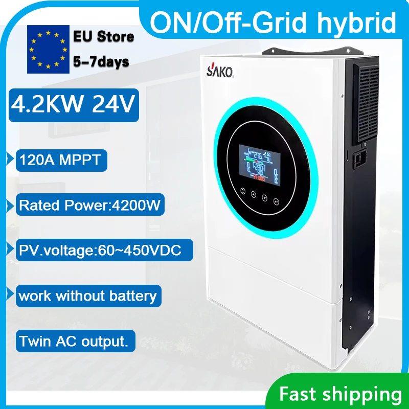 Inversor Solar Híbrido Sako Off-grid e On-grid Mppt 120a Carregador ac Entrada pv 60450vdc Trabalho sem Bateria 4.2kw 24v