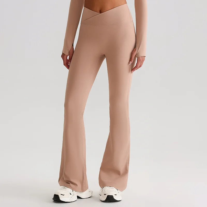 

Solid Color Front waist cross Flared Fitnes Women Sport Pant High Waist Boot Cut Yoga Legging Stomach Athletic Polyester spandex