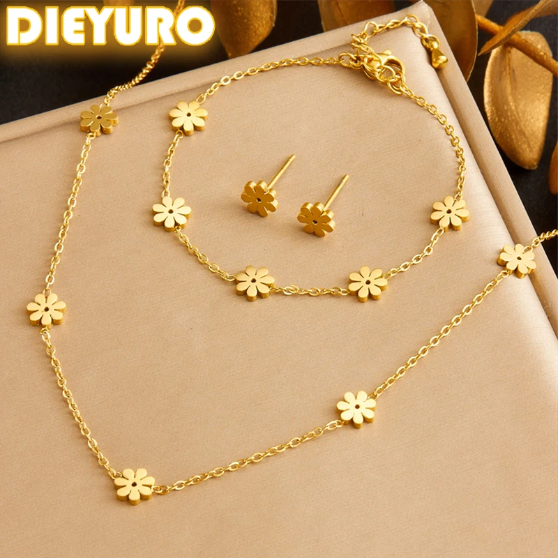 

DIEYURO 316L Stainless Steel Golden Chrysanthemum Necklace Bracelet Suit For Womens 2024 New Flower TrendNon-fadingjewelry Set