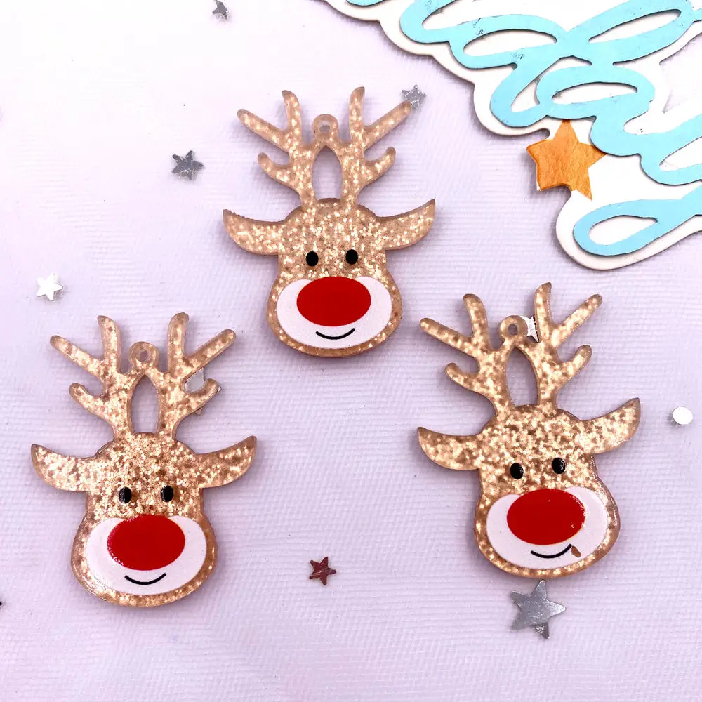 6PCS Colorful Glitter Rainbow Golden Christmas Deer Head Flat back Acrylic Sheet Miniature Pattern Applique DIY Decor Art Crafts