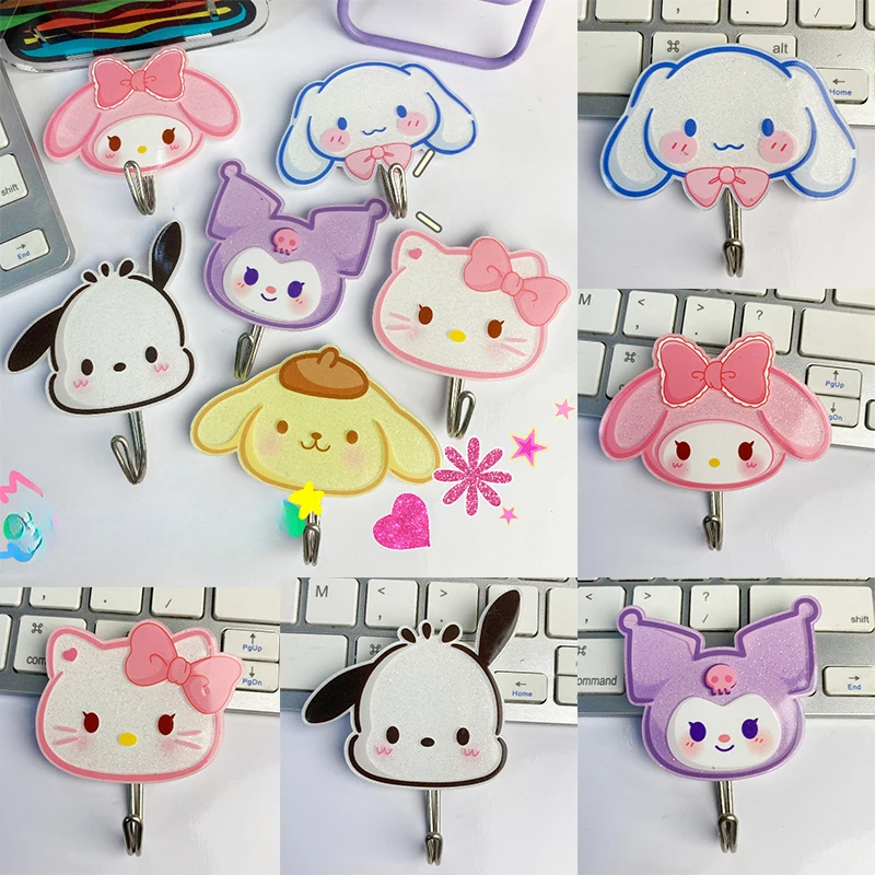 

5 шт. дверные крючки Sanrio Hello Kitty, персонажи аниме, декор для ванной комнаты, милые акриловые неперфорированные самоклеящиеся крючки, подарок на день рождения