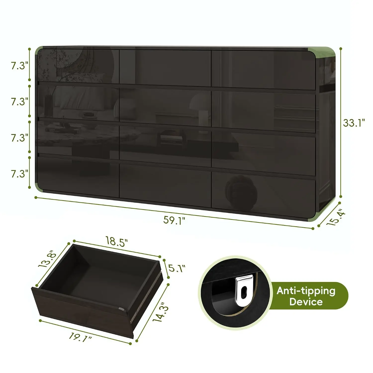 Modern Curved 12 Drawer Bedroom Dresser, Safe Edge, Black Glossy, Customized
