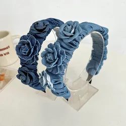 Denim Blue Simulated Rose Flower Camellia Hairband Women's Headband High Quality Handmade Fabric Romantic Wedding Rose Headwear
