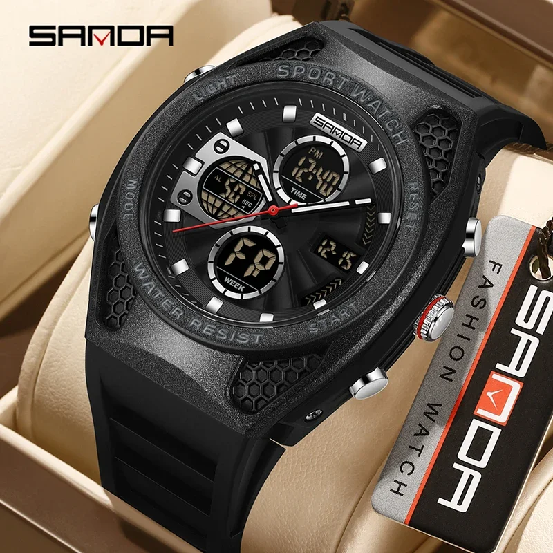 SANDA أفضل ساعة إلكترونية رياضية متعددة الوظائف جديدة للرجال مقاومة للماء كرونوغراف مضيئة LED رقمية كوارتز ساعة يد رجالي