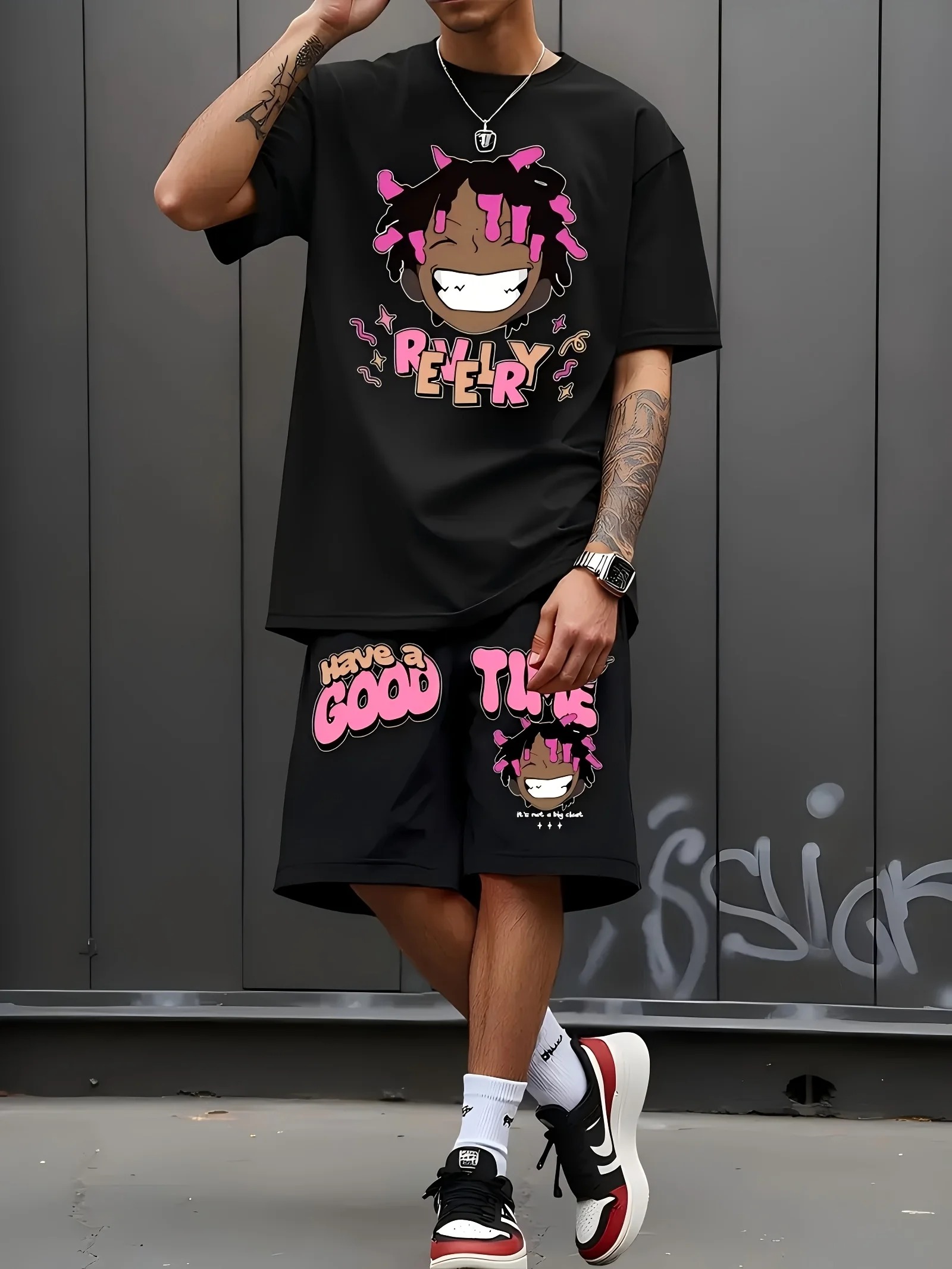 

Summer 2025 new men's outdoor men's suit with cartoon character print patterns