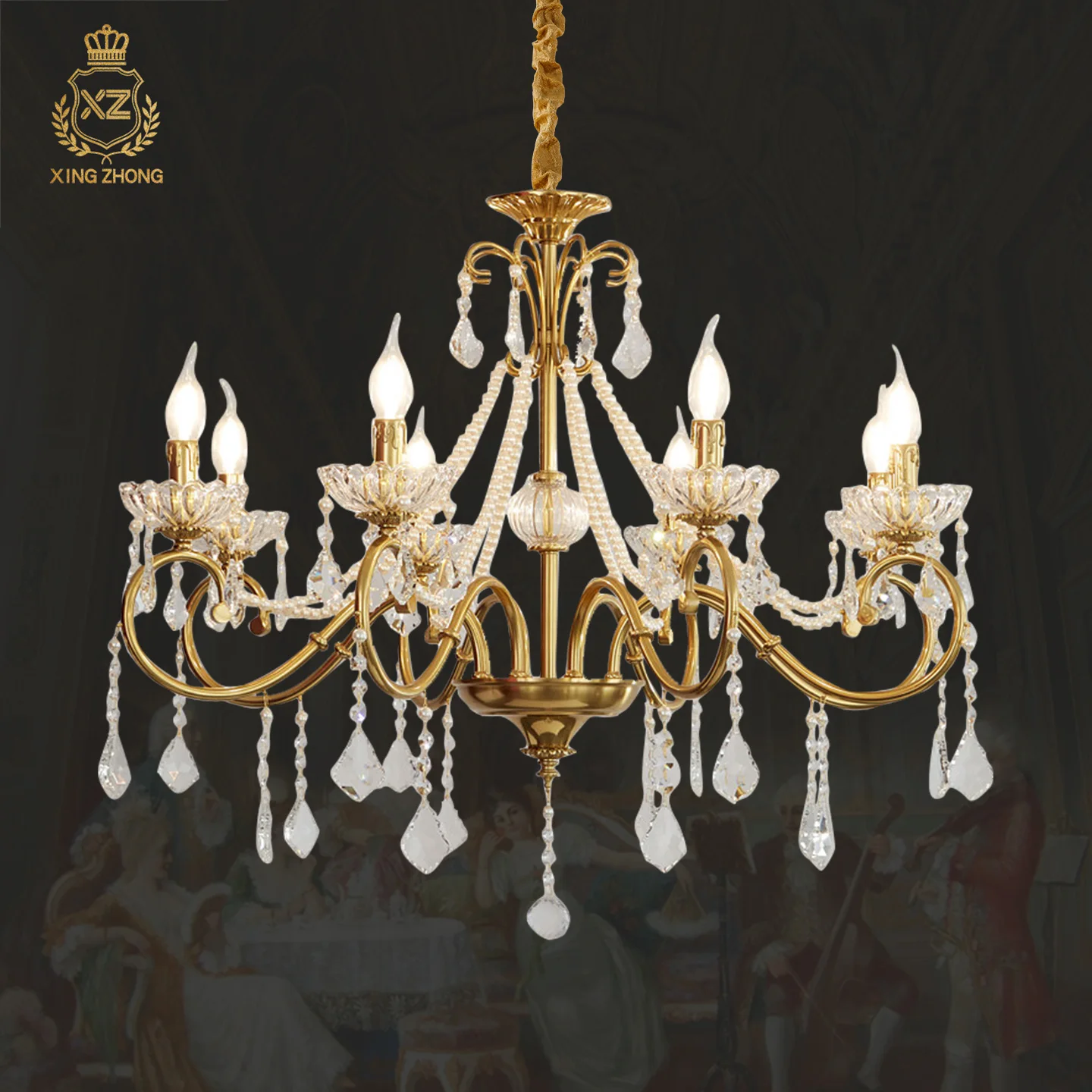 French Baroque Living Room Villa Crystal Decorative Luxury Chandelier Dining Room Apartment Brass Pendant Light