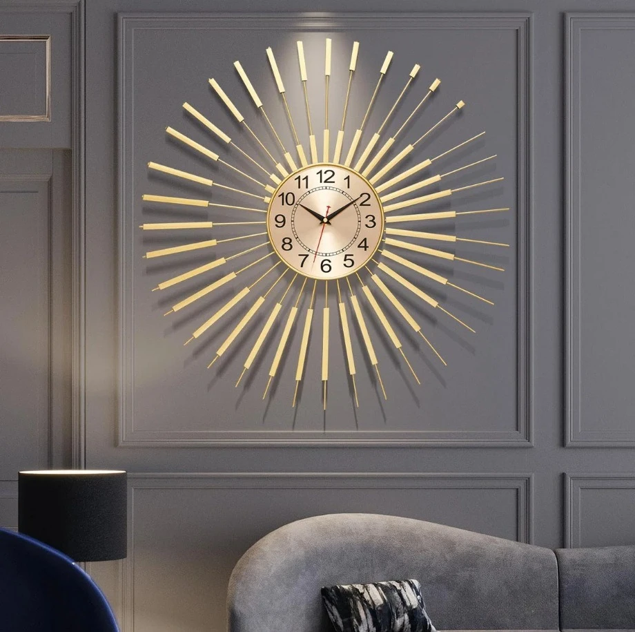 

Luxury Modern Living Room Wall Clock Nordic Metal Sun Modeling Clocks Restaurant Watch Bedroom Mute Quartz Clock Home Decor Gift