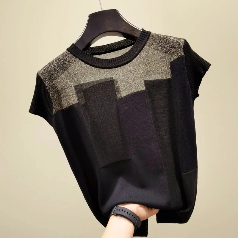 Korean Patchwork Ice Silk Knitted Tops Blusas Mujer De Moda Women O-neck Short Sleeve Pullover Fashion Thin Blouse Blusas 8796