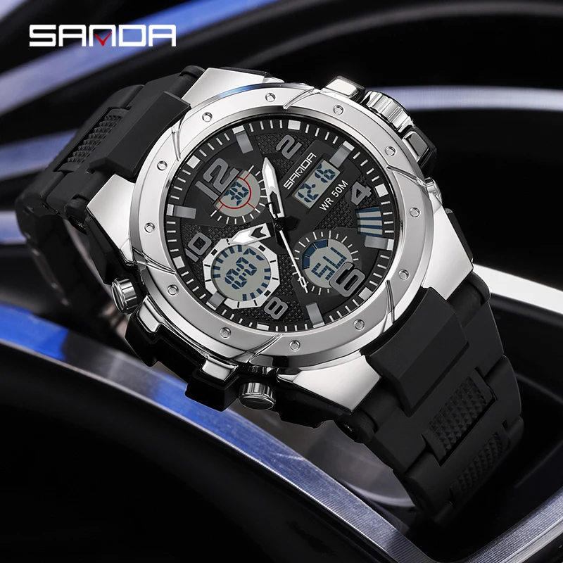 SANDA Men Sports Watches Dual Display Analog Digital LED Electronic Quartz Wristwatches Waterproof Swimming Military Watch 9009