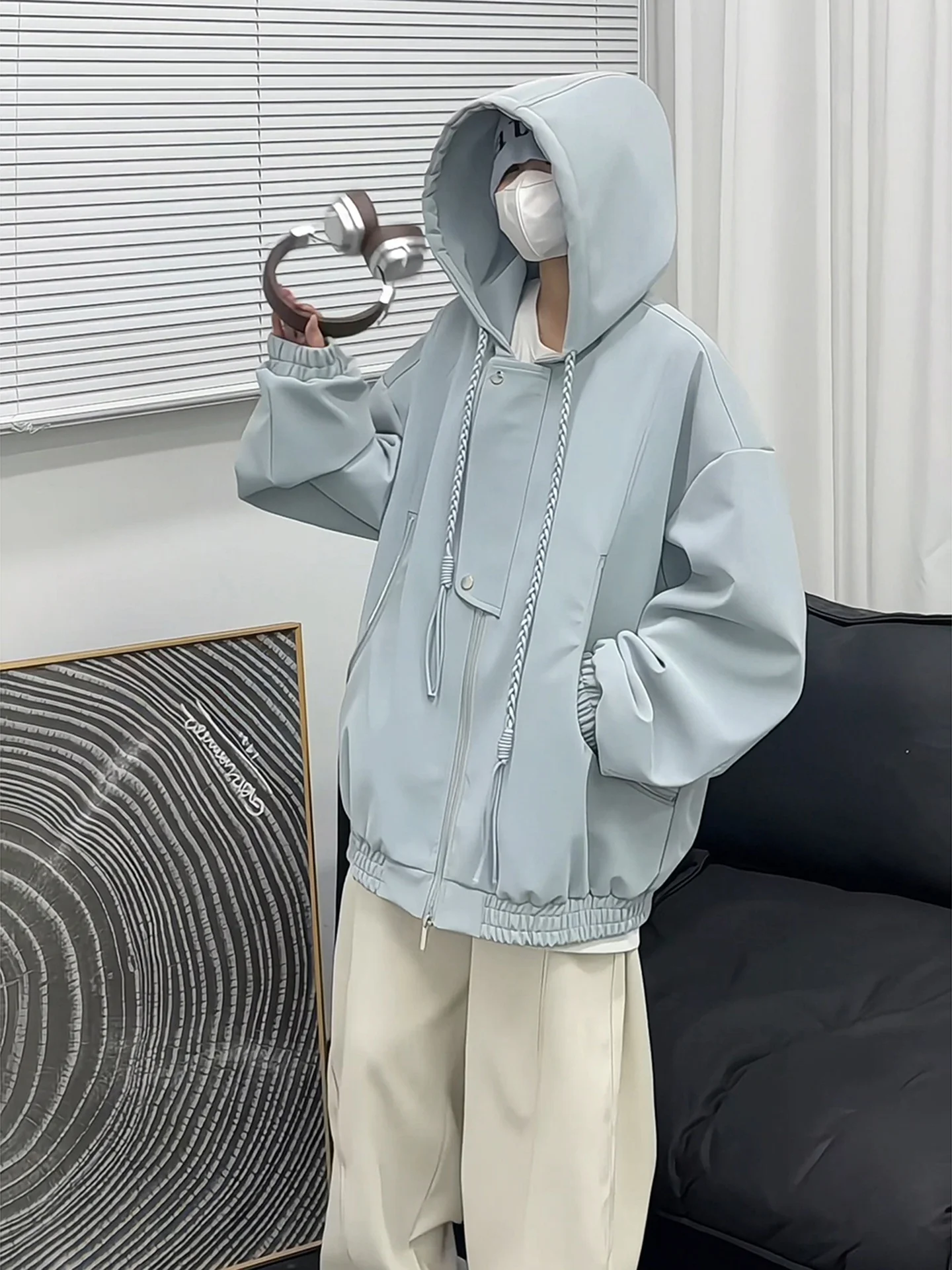 

Matte Light Blue PU Leather Jaet ort Baseball Sle for Men And Women Autumn High Quali Couple Workwear Coat Hooded