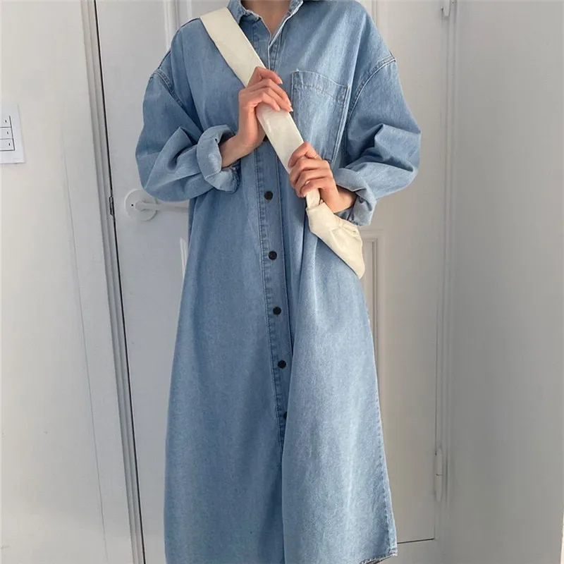 IHOBBY Women Long Denim Shirt Dress Korean Style Long Sleeve Single Breasted Jeans Shirt Outwear