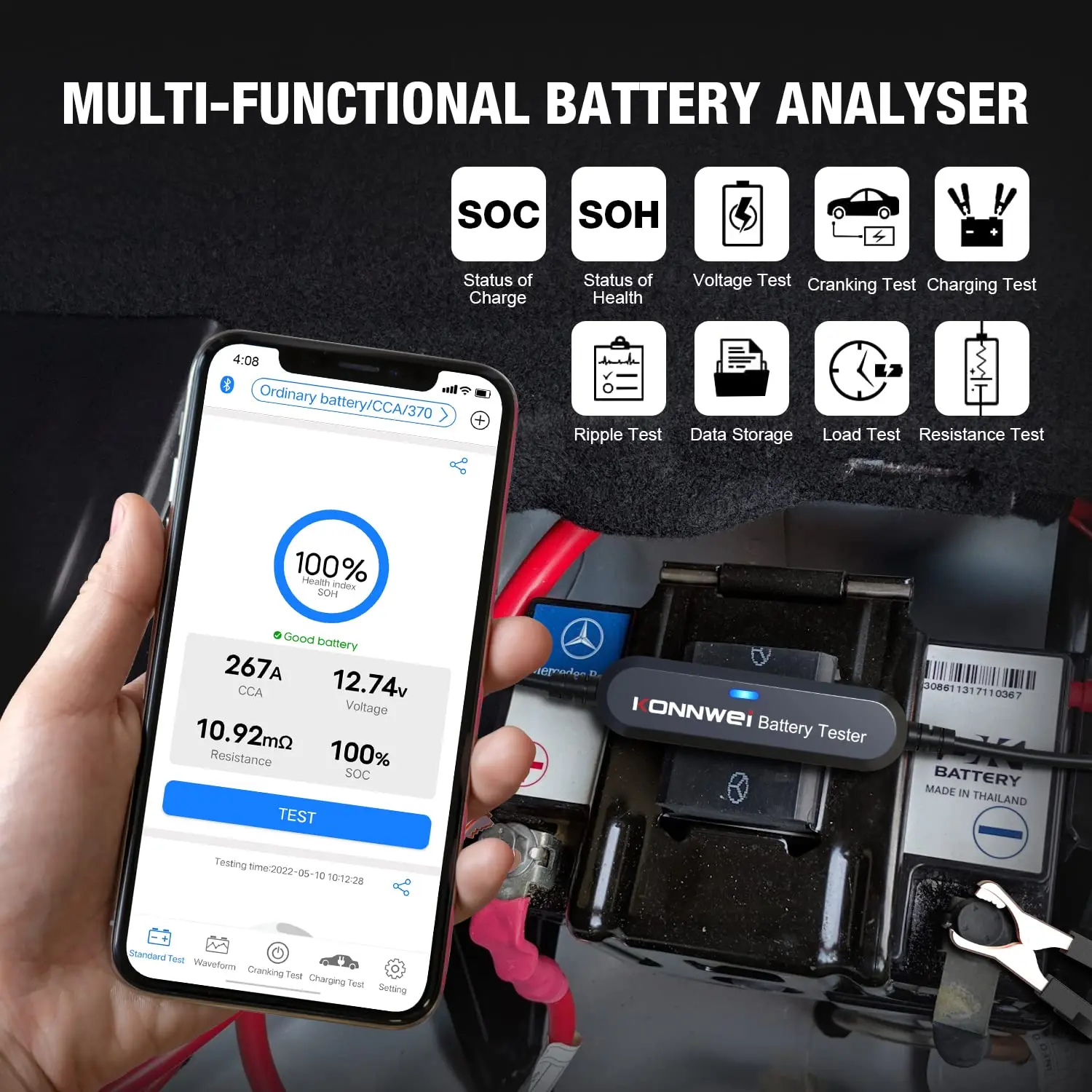 KONNWEI BK100 Car Motorcycle Battery Tester Bluetooth 5.0 6V 12V 100-2000 CCA Charging Cranking Test Tools Auto Battery Analyzer