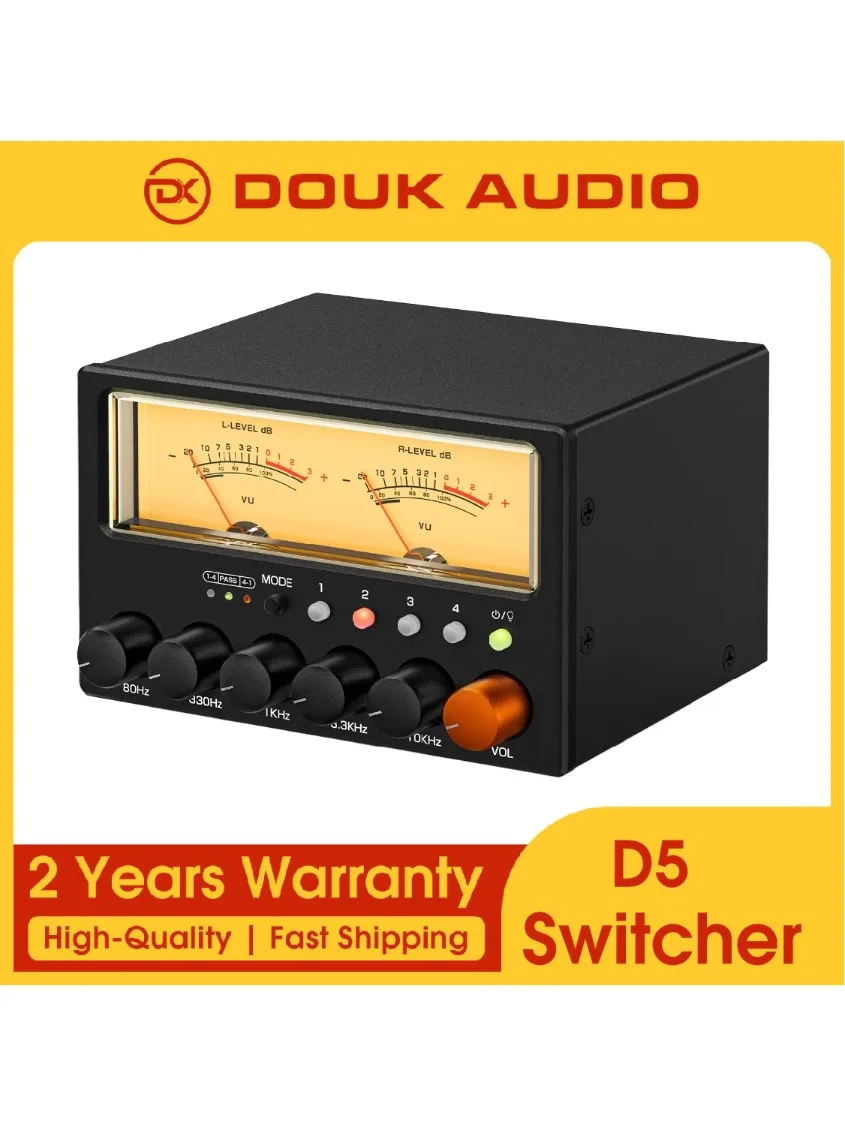 Douk Audio D5 4-weg audio-switcher splitter HiFi 5-bands stereo EQ voorversterker equalizer met VU-meter - afbeelding 2