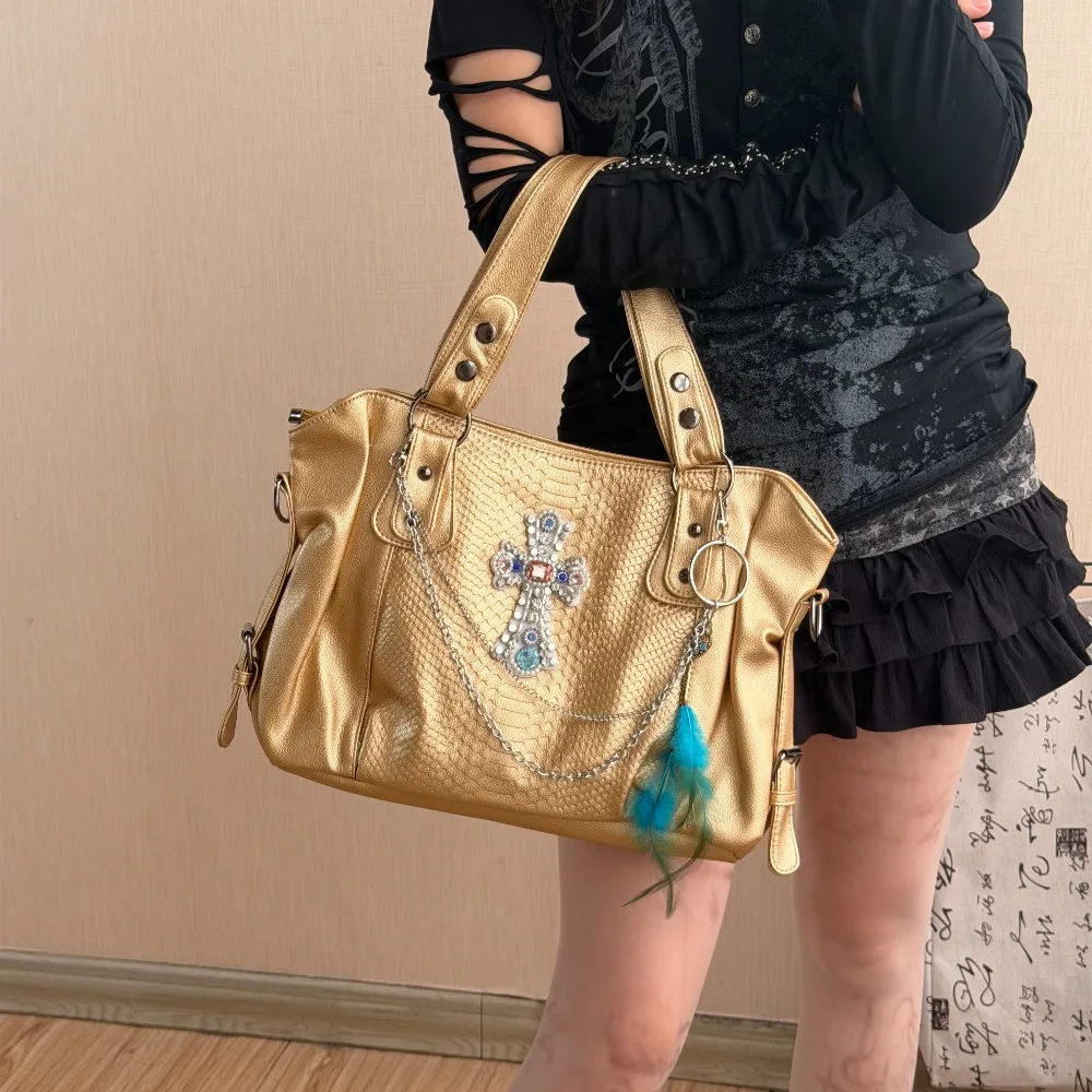 

Original Punk Locomotive Bag Gold Snake Cross Feather Shoulder Bag Y2K Crossbody Bags for Women's Commuter Tote Bag