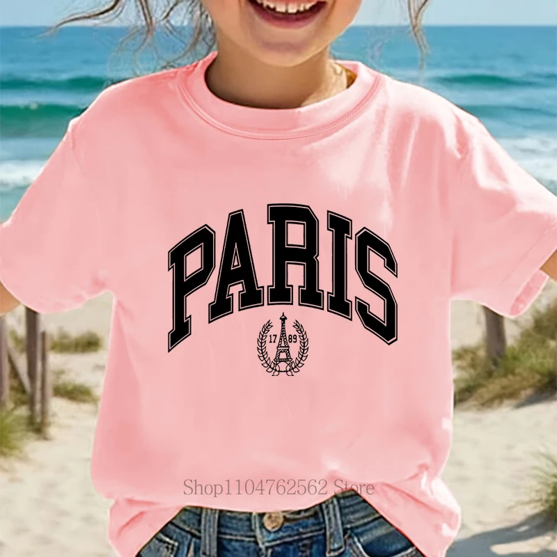 Vintage Paris Print T-Shirts Summer Children Gothic Casual Fashion Boys Girls Tops Kids Colorful O-Neck Short Sleeve T-shirts