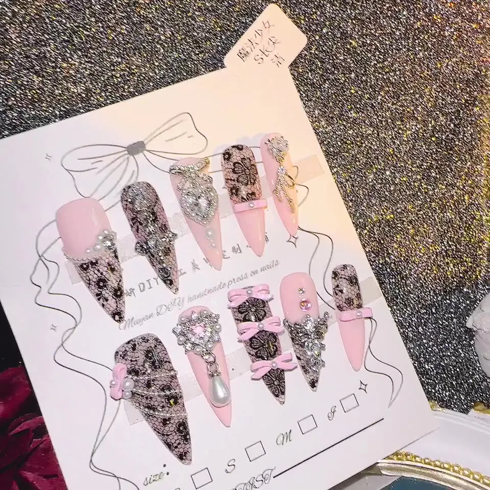 魔法少女レースラインストーンプレスオンネイル、甘くてエッジの効いたロリータスタイルの付け爪、柔軟な樹脂、XS/S/M/L、ロリータ衣装に最適