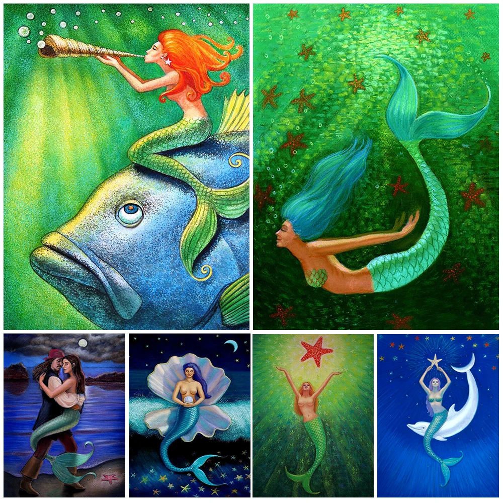 Mermaid Starlight Diving Dolphin Moon Pearl Nordic Poster Wall Pictures For Living Room Wall Art Canvas Painting Decor Unframed