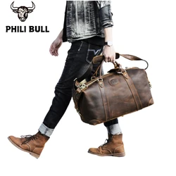 PHILI BULL Genuine Leather Duffle Bag Mens Weekend Bag Outdoor Luggage Bag Fitness Sports Bag Crossbody Handbag