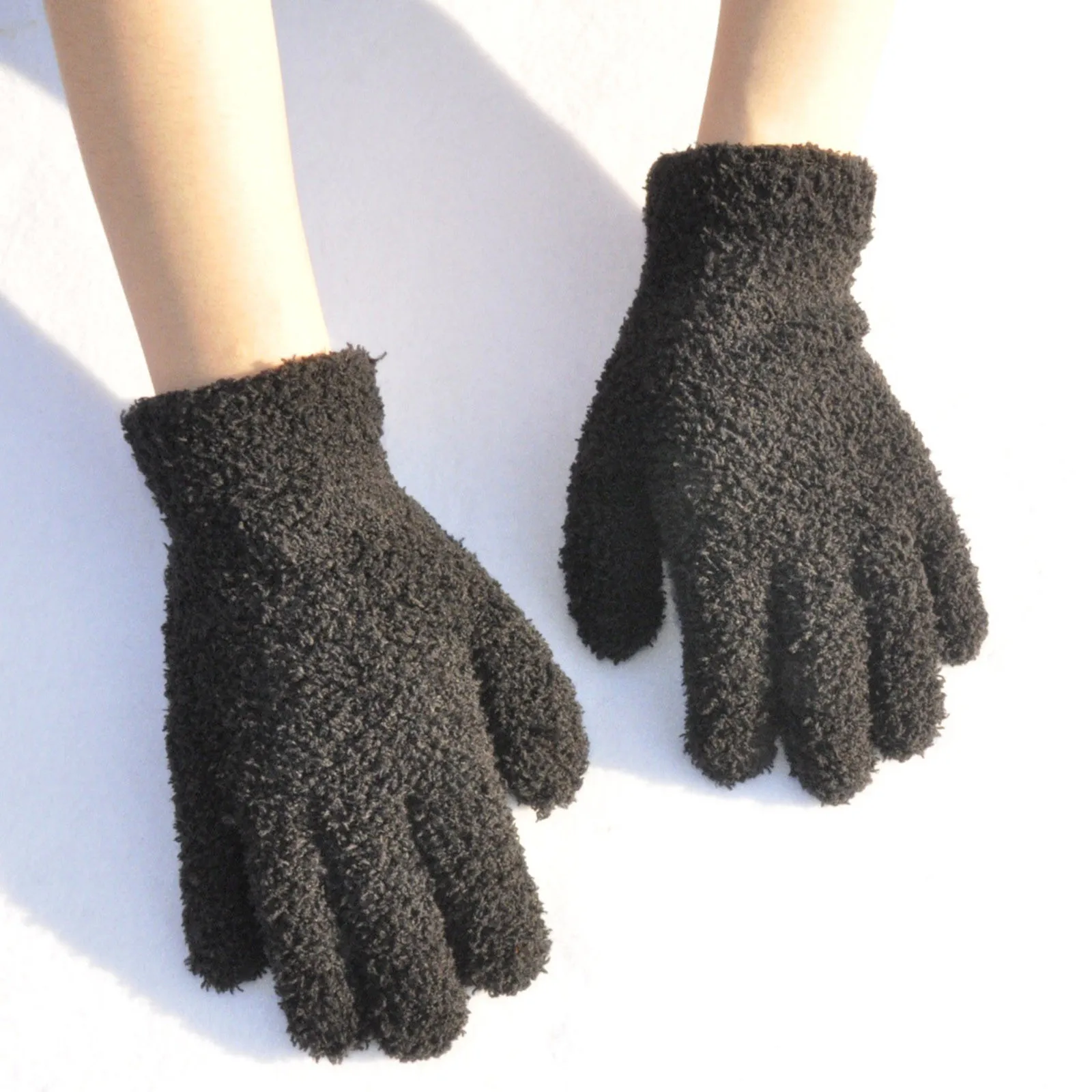 Short Gloves Winter Coral Fleece Children Solid Knitted Plush Furry Full Finger Mittens Autumn Hand Warmer Men Women