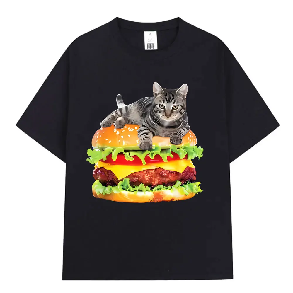 Hamburger Funny Cat Funny Meme T-Shirt Men Women Casual Fashion Vintage T Shirts Summer Cotton Oversized Short Sleeve T-shirts