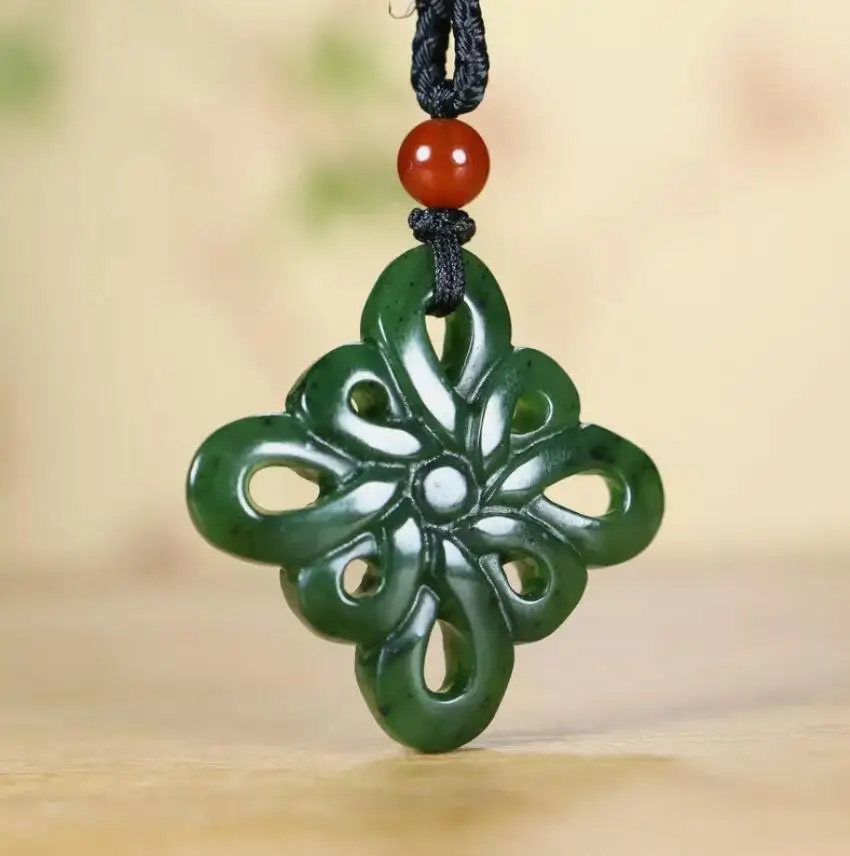 Grade A Nature Green HeTian Jade jasper jadeite Hand-Carved Pendant Chinese knot