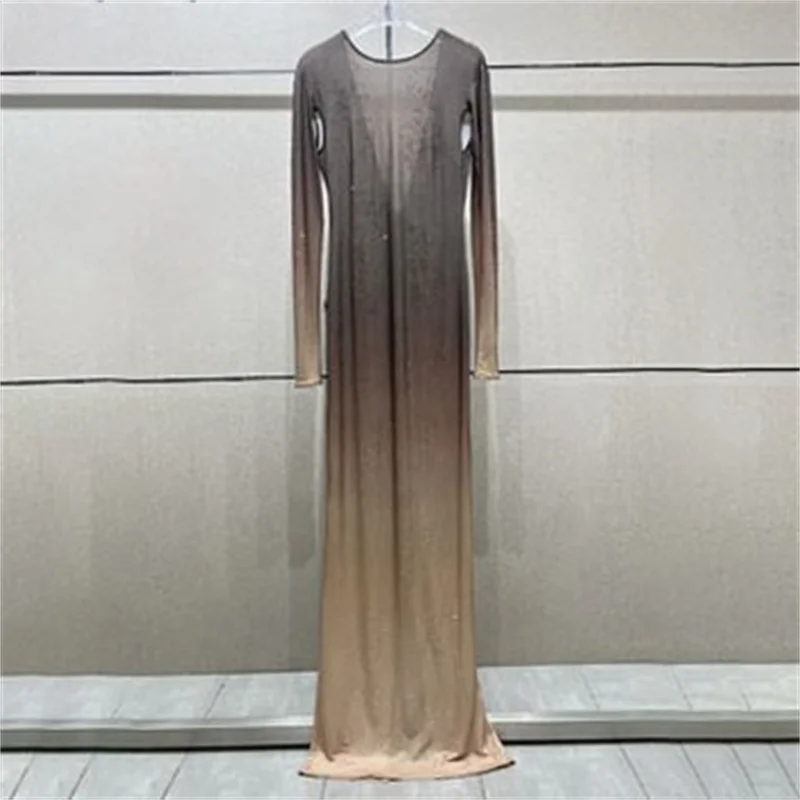 elegant party dresses 2024 Summer new gradient Rhinestone round neck long dresses long sleeved dress Sexy backless evening dress