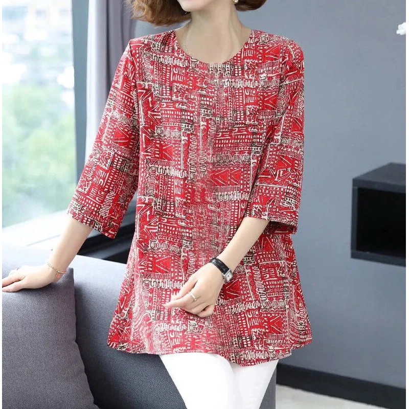 2023 Summer Women Fashion Print Round Neck Three Quarter Sleeve Elegant T Shirts Loose Tunic Ladies Tops Ropa De Mujer Camisetas