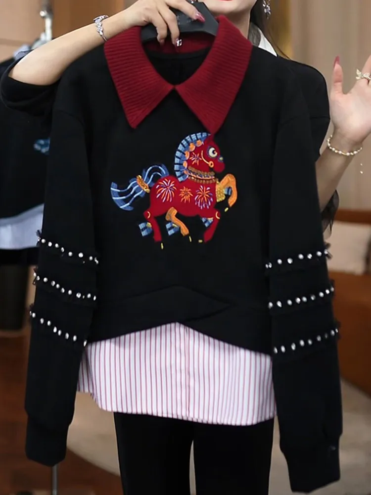 

Модная женская зимняя толстовка свободного кроя с вышивкой, на флисовой подкладке, утепленная, повседневная, новая модель, цельная.