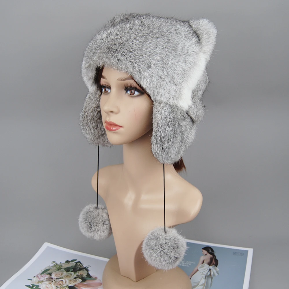 New Lady Winter Warm Real Rabbit Fur Hat Snow Cap Winter Hats for Women Girls Real Fur Knit Skullies Beanies Natural Fluffy Hat