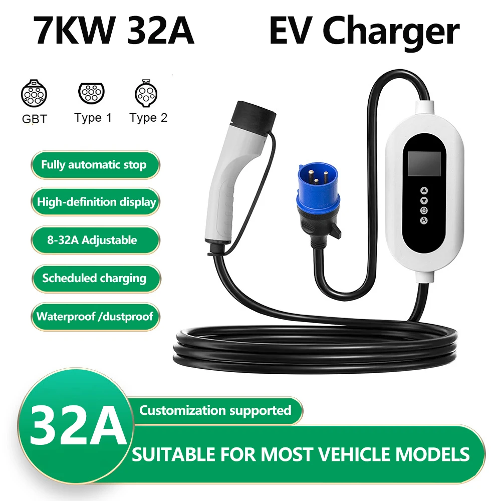 7KW 32A EV Portable Charger 5M Cable Type2 Type1 Wallbox Charging Station For Electric Vehicle WiFi APP Bluetooth Control