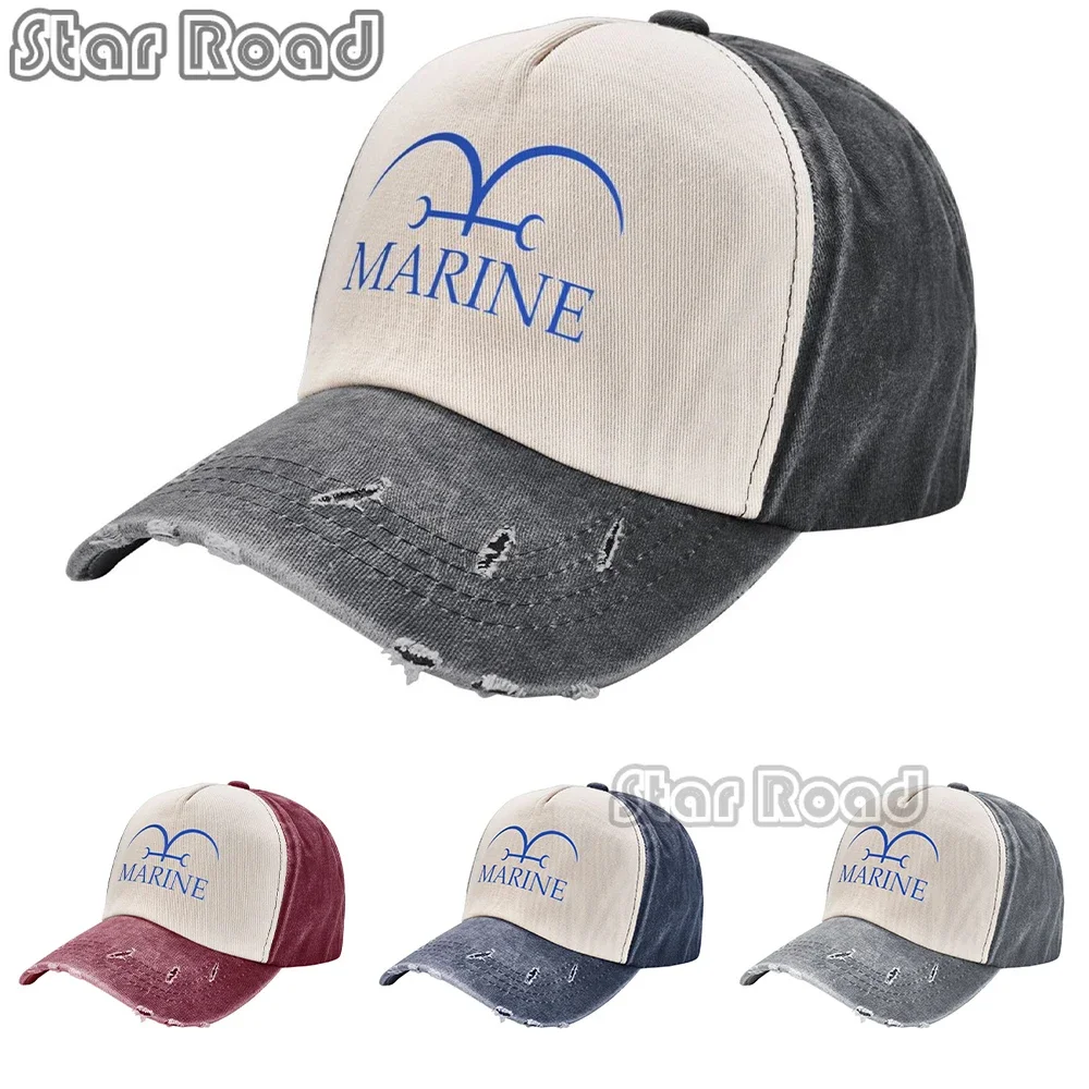 

One Piece Marines Flag Baseball Caps Merch Vintage Distressed Denim Washed Navy Marine Anime Sun Cap Adjustable