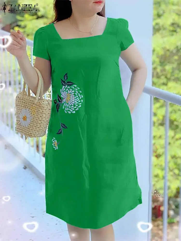 

Элегантное женское платье ZANZEA с цветочным рисунком, праздничное короткое платье с коротким рукавом и квадратным вырезом, Летние Повседневные Платья До Колена