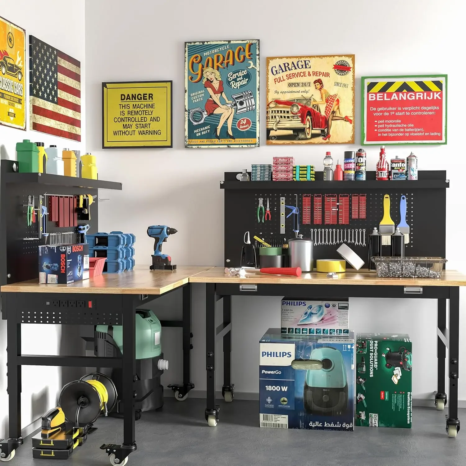 Duty Adjustable Workbench with Large Pegboard, Adjustable Work Table with Power Outlets & Lockable Wheels, Rubber Wood Workstati