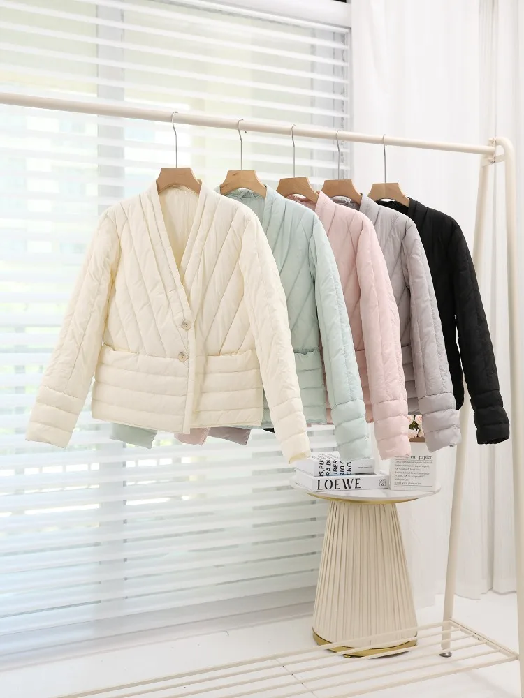 

2025 New Arrivals Women's V-neck Lightweight Korean Slim Fit Down Jackets Autumn Winter Female Fashion Short Solid Puffer Coats