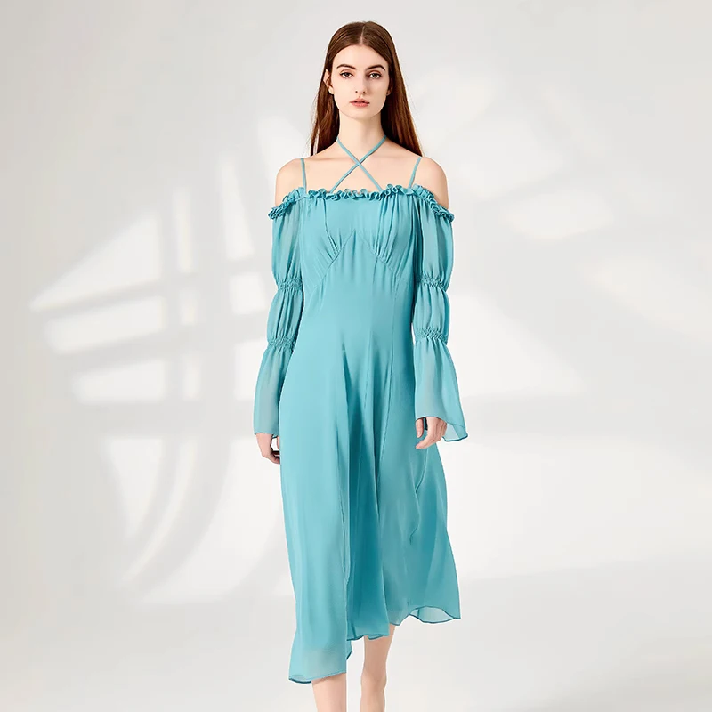 Silk Georgette Ice Blue One Line Neck Long Sleeve Pleated Dresses Women Elastic Wood Ear Trim High Quality Silk Dress AY233