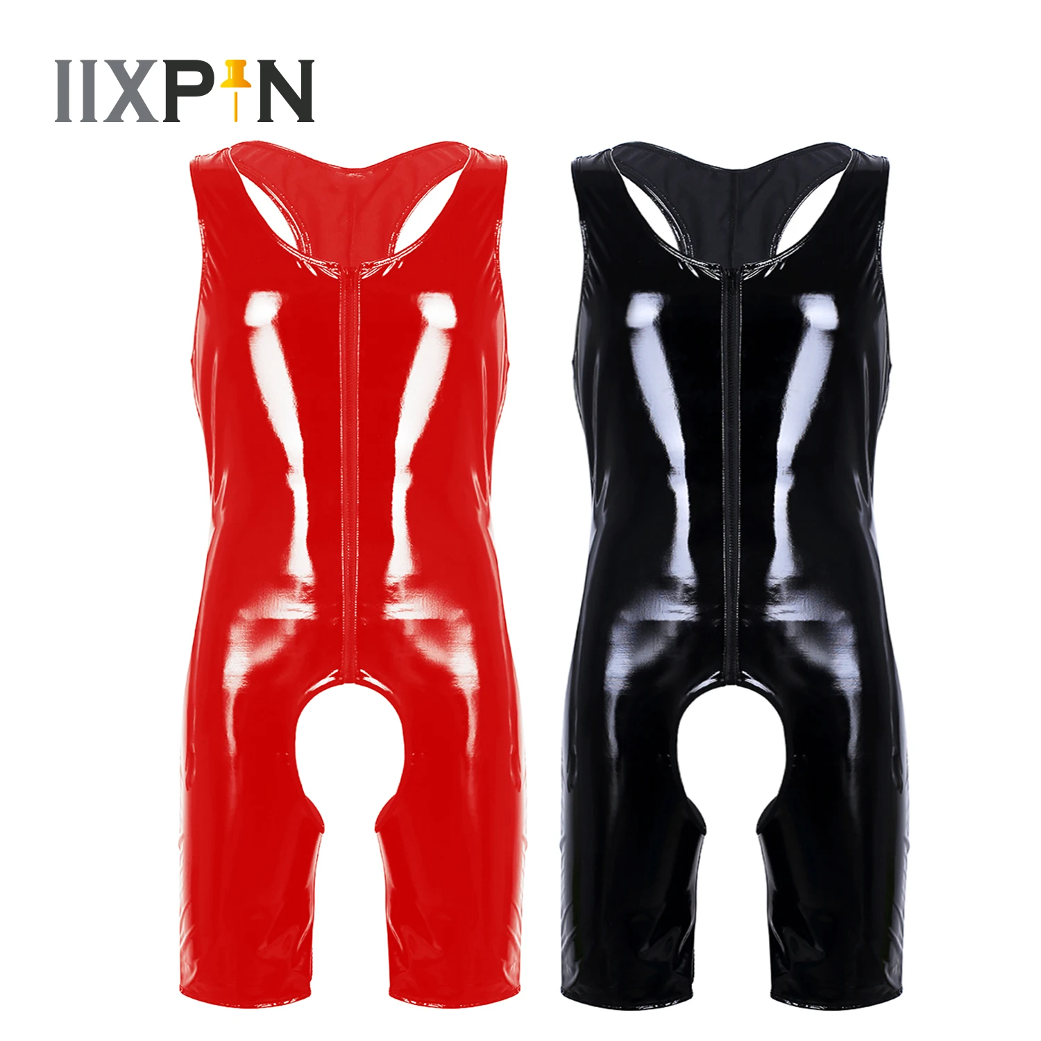 Plus Size Mens Sexy Open Crotch Bodysuit Patent Leather Catsuit Wetlook Erotic Latex Bodycon Crotchless Singlet Leotard Jumpsuit