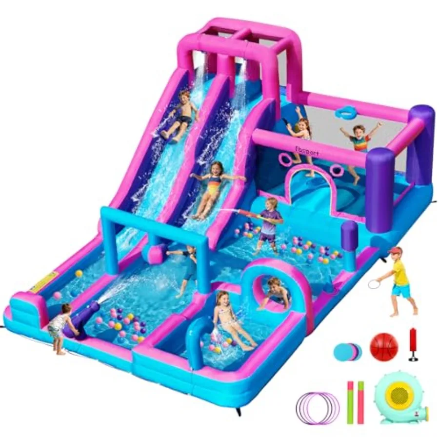 

Inflatable Bounce House with Double Water Slide Climbing Wall Jumping Splash Pool for Indoor Outdoor 750W Blower Blue Red
