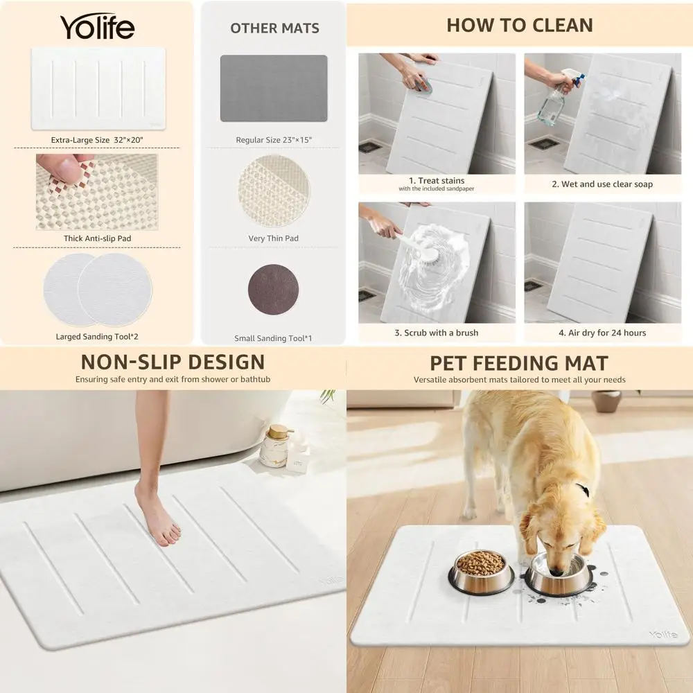 

Large Stone Bath Mat, 32x20 Diatomaceous Earth Shower Mat, Super Absorbent & Quick Dry, Non-Slip Diatomite, Easy Clean (White &