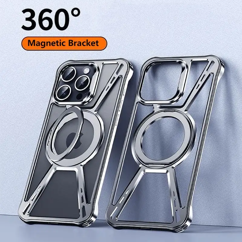 Luxury Metal Heat Dissipation Phone Case For iPhone 14 15 16 Pro Max X Shape Magnetic Hidden 360° Swivel Bracket Cover For Apple