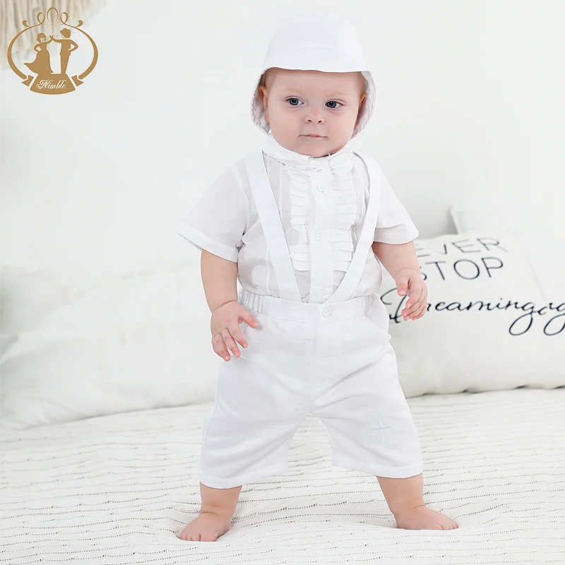 White Baby Boy Clothes Set Baptism Outfits Solid Full Sleeve Shoulder Strap Lace Christening Gown Newborn Gentleman Birthday