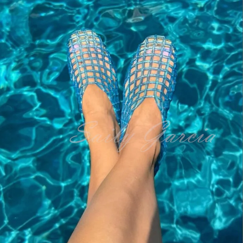 Blue Hollow Mesh Jelly Shoes Summer New Flat Bottom Anti Slip Soft Bottom Crystal Sandals Breathable Beach Sandals Dor Women