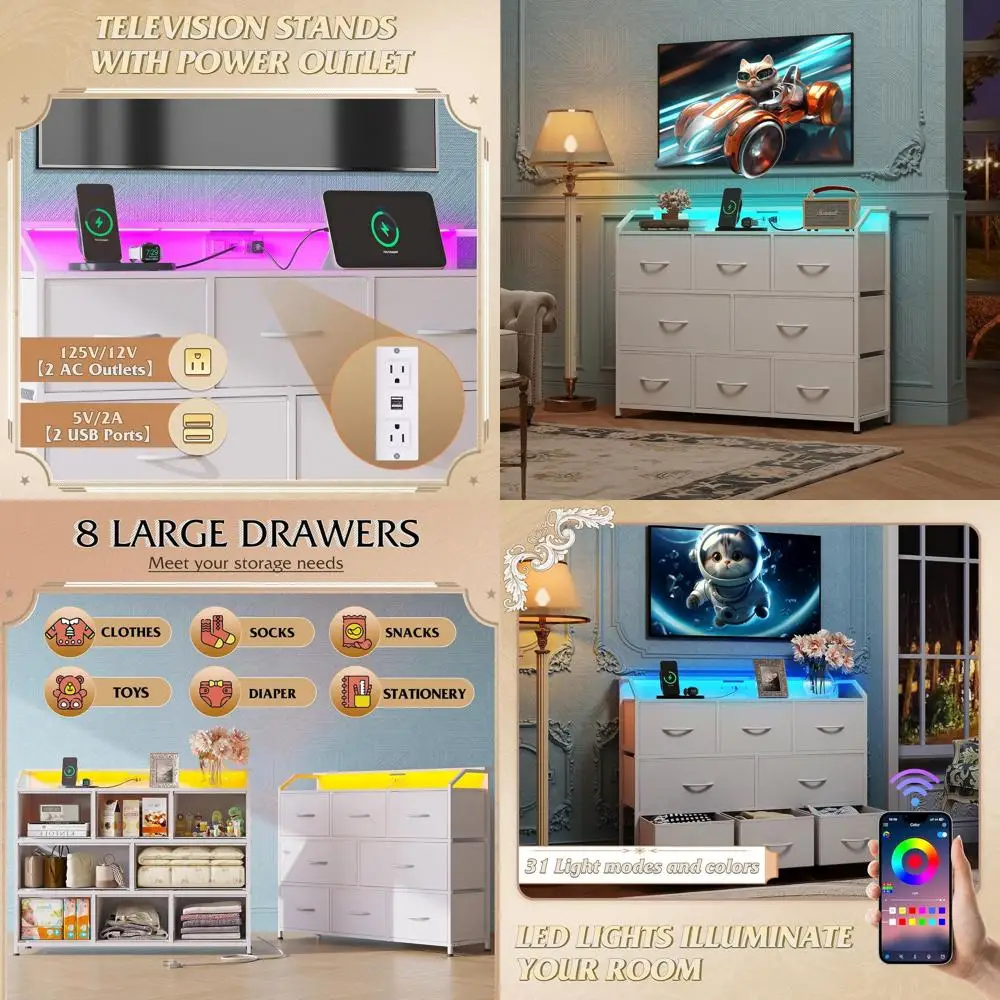 

White LED-lit Bedroom Dresser with Power Outlet, Wide Hallway Chest, 8-Drawer Living Room Storage