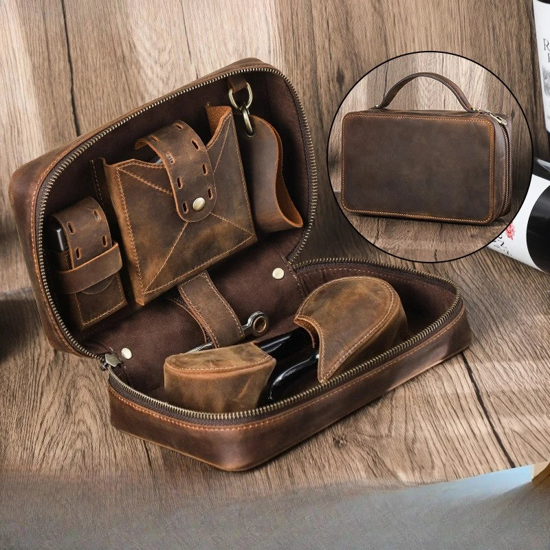 

Vintage Crazy Horse Leather Tobacco Pouch - Dual Compartment Pipe & Tobacco Organizer