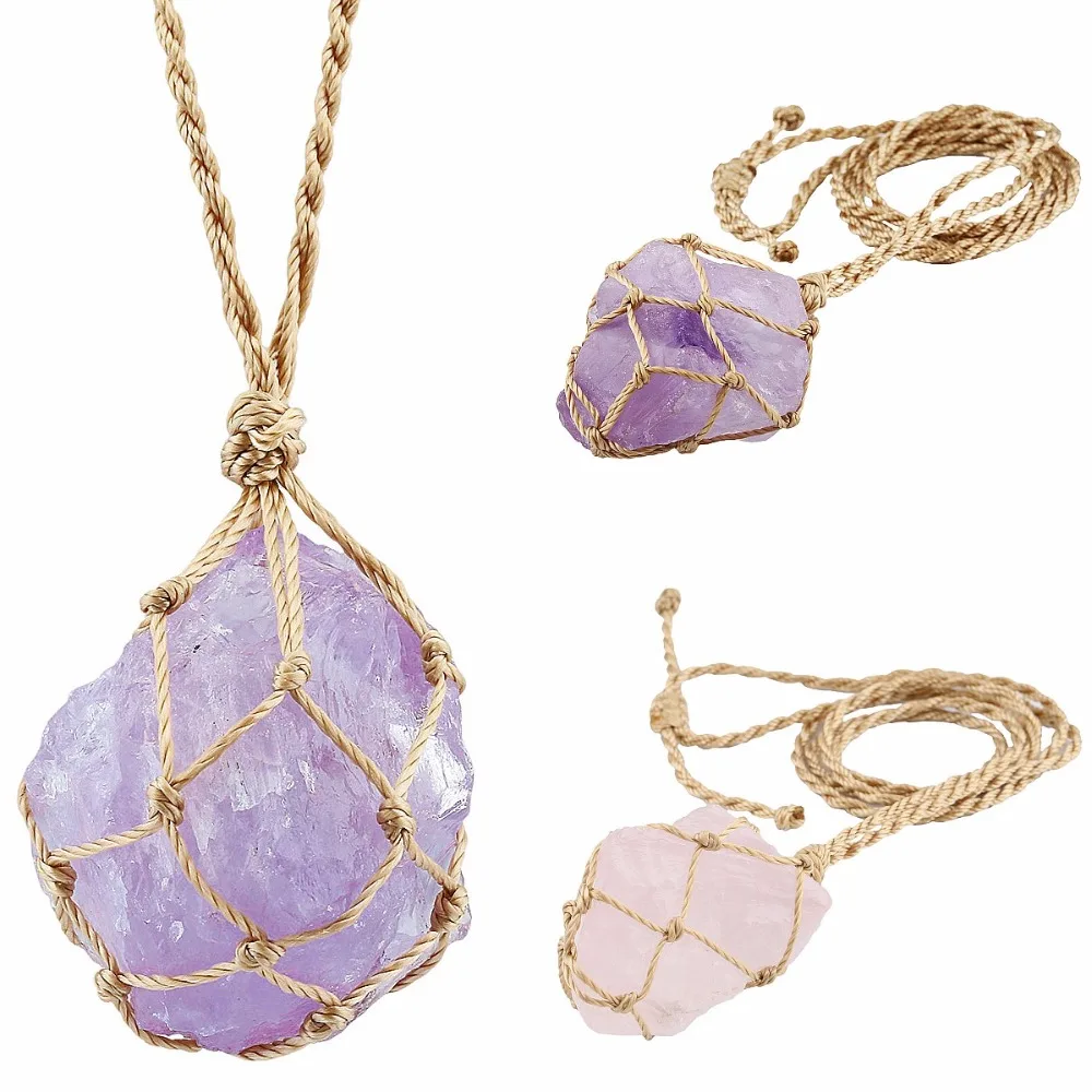 

TUMBEELLUWA Handmade Hemp Cord Braided Wrapped Natural Amethyst Crystal Pink Quartz Crystal Irregular Shape Pendant Necklace