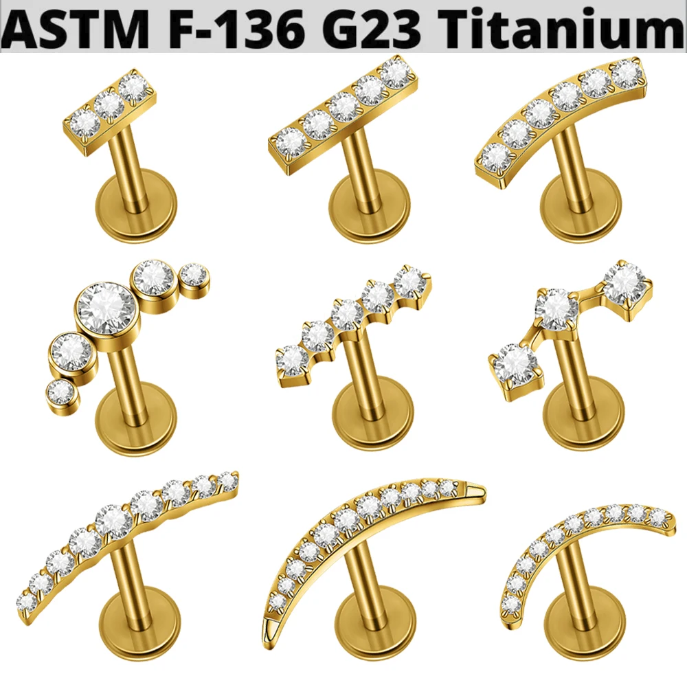 1PC G23 Titanium CZ Gem Lip Stud Internal Thread Curved Cartilage Tragus Helix Conch Earrings Cubic Zircon Piercing Jewelry 16G