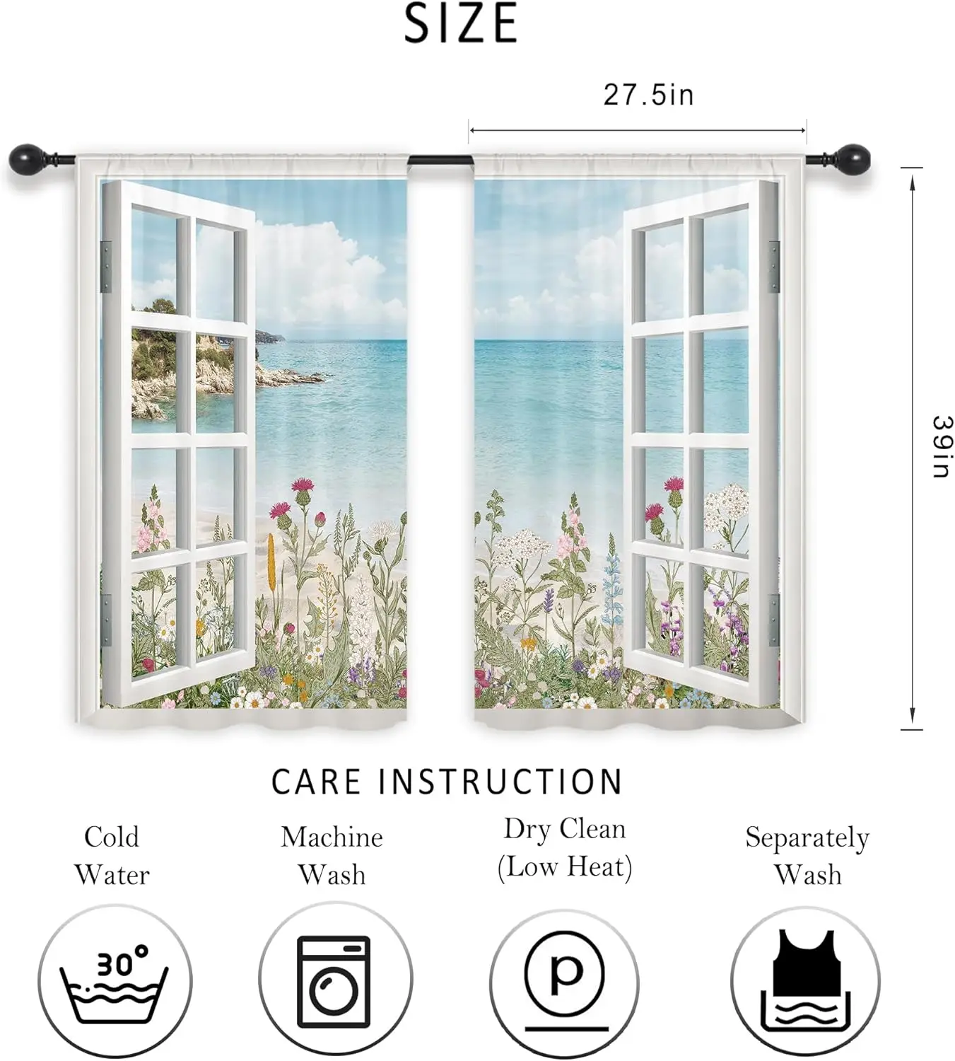 Ocean Beach Coastal Kitchen Curtains Short Small Hawaiian Floral Scenery Wildflower Plant  Pocket White Wooden Window Seascape