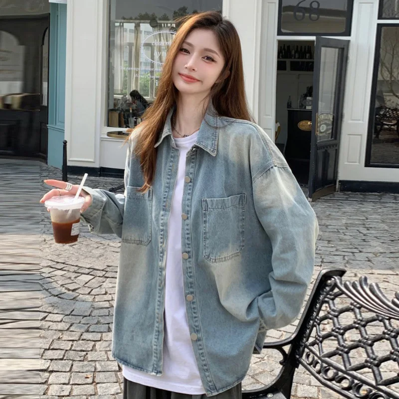 Spring and Autumn Versatile Blue Cowboy Jacket for Women Korean Style Simple Loose Cowboy Jacket Fashion Button Long Sleeve Top