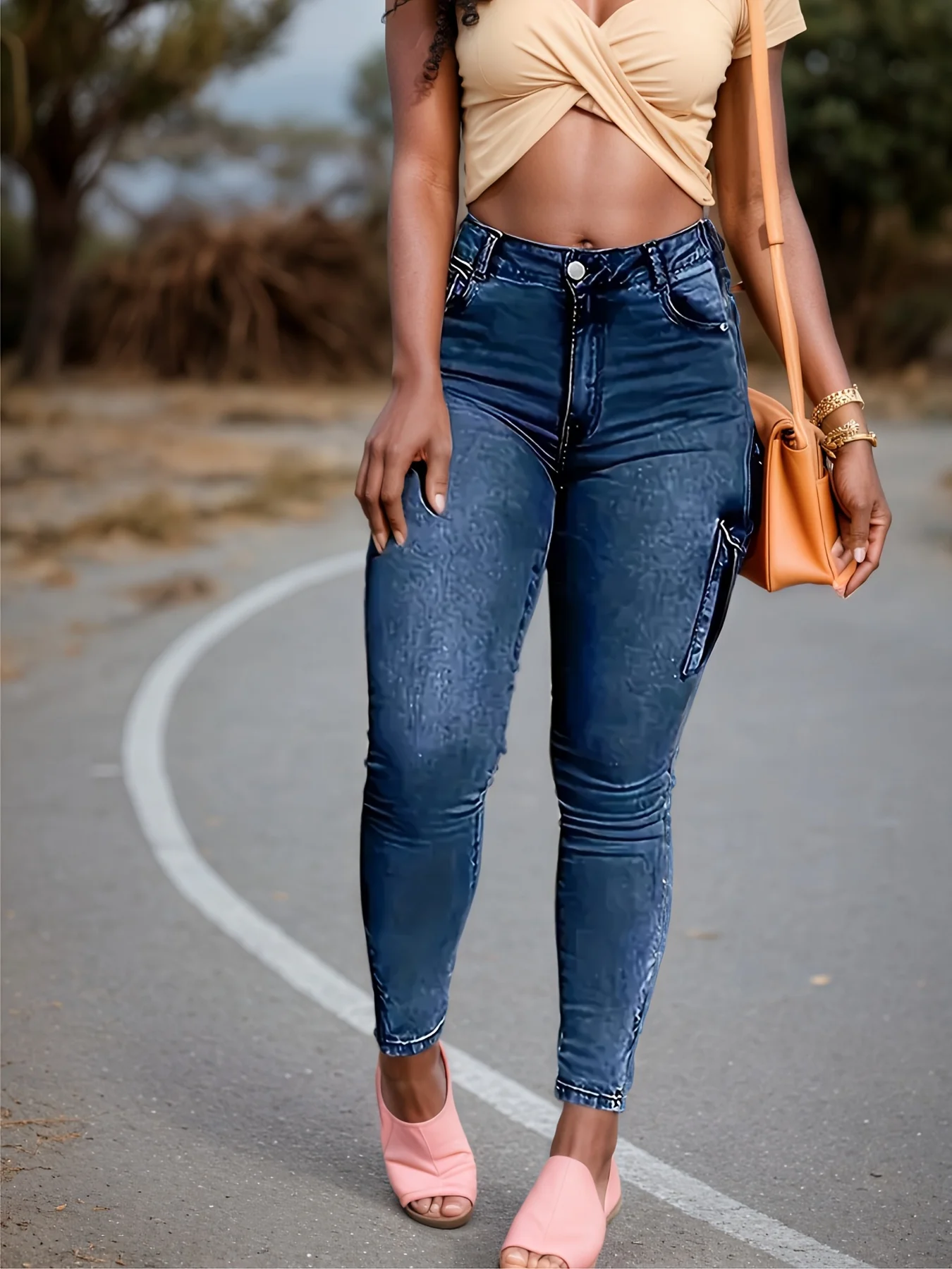 بنطال جينز نسائي عصري متعدد الجيوب بقصة ضيقة مع حاشية بسحاب، مناسب للارتداء اليومي غير الرسمي للسيدات #4