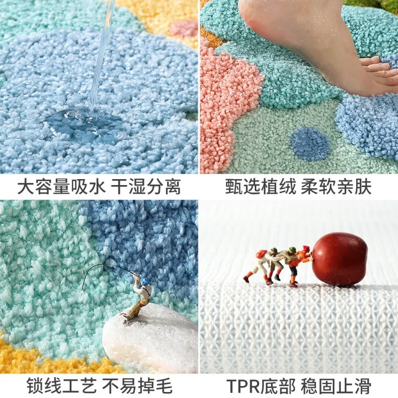 Minimalist Flower High Low Plush Bathroom Flocking Water Absorbent Floor Mat Bathroom Toilet Door Thickened Entrance Foot Mat