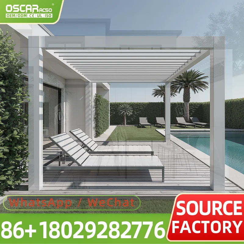 Retractable Louvered Electric Aluminum Sun Shade with LED for Terrace Patio Garden Motorized Hurricane Proof Canopy Awning  perg